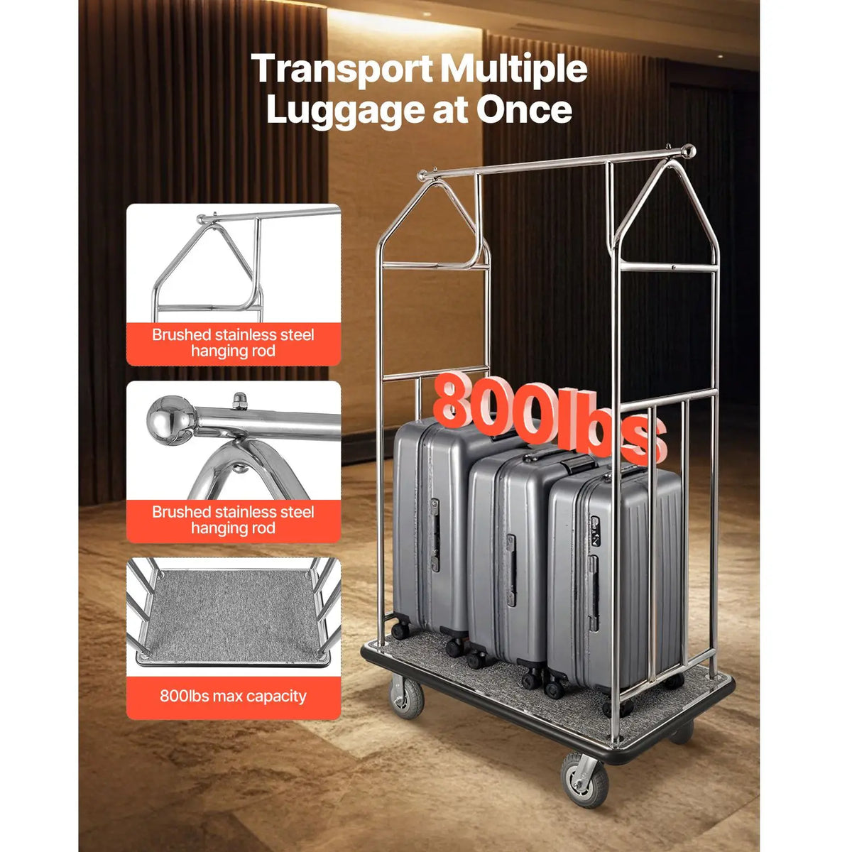 800 LBS Load Capacity Hotel Bellman Cart Brushed Stainless Steel with Grey Carpeted Deck FT s Cart Valet Trolley