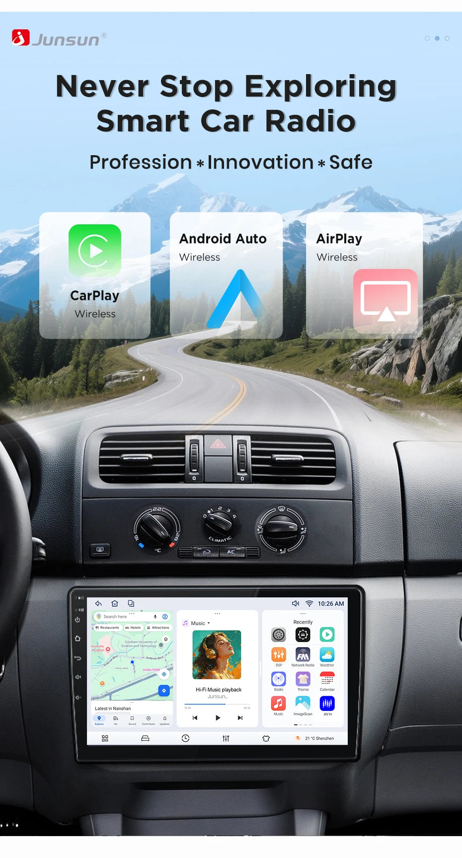 Junsun Wireless CarPlay Android Auto Car Radio For Skoda Fabia Mk2 (5J) 2007-2014 Built-in Cooling Fan Android GPS Navigation Multimedia Player WiFi DSP RDS BT SWC IPS Touch Screen Autoradio Video Player Head Unit Stereo