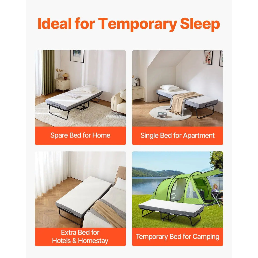 31 in X 75 in Folding Bed with 4 in Mattress Twin Size Rollaway Bed Sturdy Metal Frame with Memory Foam for Hotels