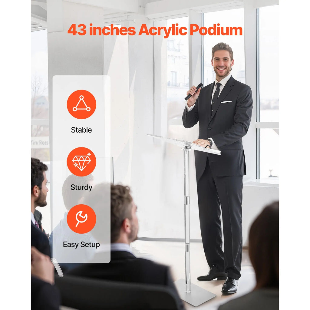 Acrylic Podium Stand 43-Inch Portable Laptop Desk with Wide Reading Surface Adjustable Angle Book Clips Theater Furniture