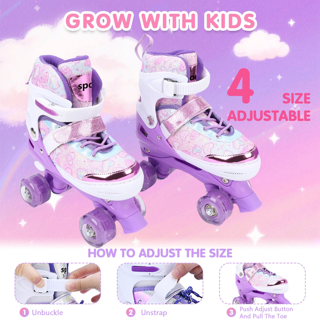 Tomshoo Roller Skates for Kids Girls Ages 6-12 4Size Adjustable Flashing Wheel ABEC Bearing Triple Protection for Outdoor Indoor