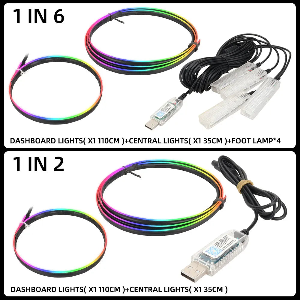 Full Colors USB Car LED Ambient Light Acrylic Strips Dashboard Lights RGB Car Interior Hidden App Remote Control Atmosphere Lamp