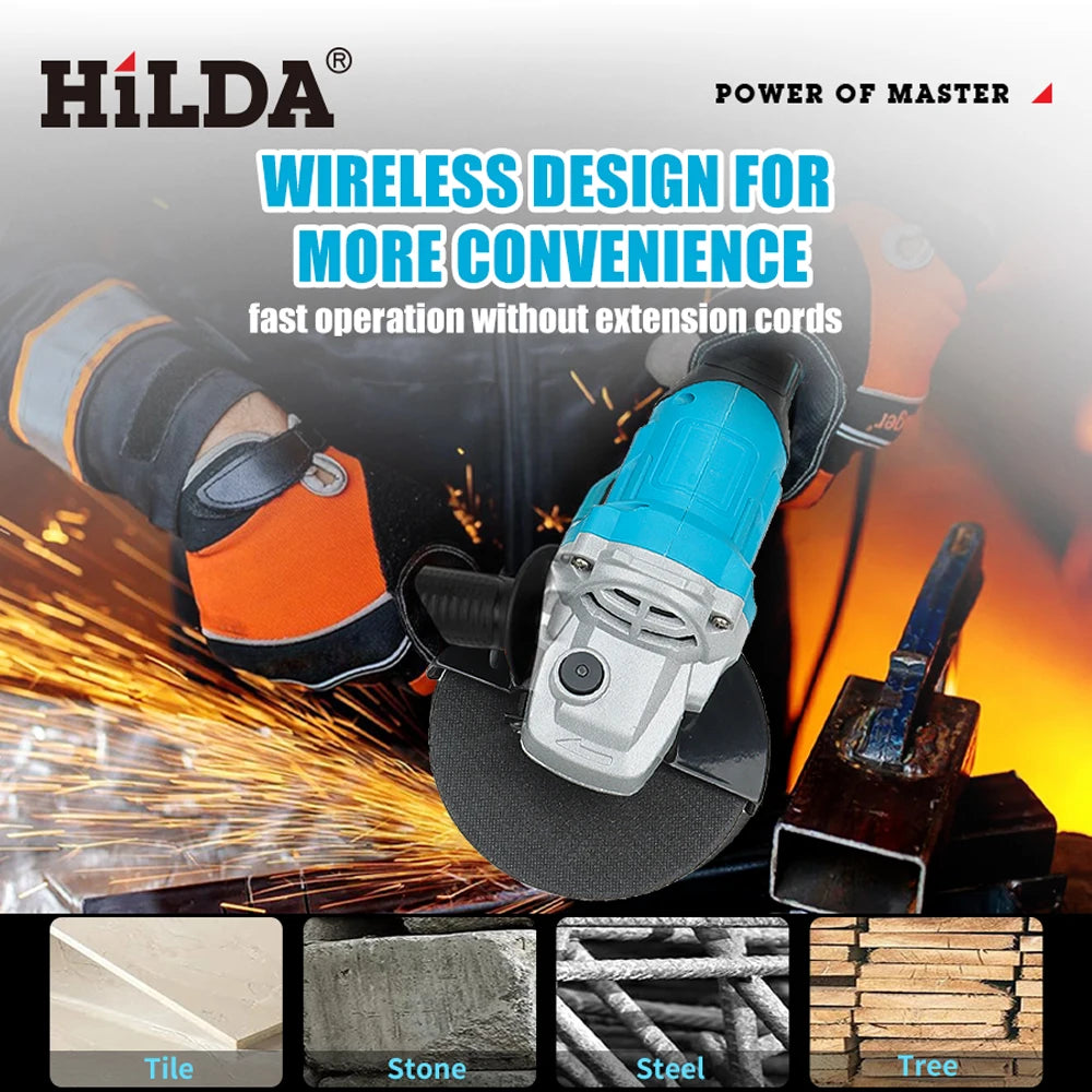 HILDA 21V Handheld Brushless Angle Grinder Cutting Rechargeable Electric Power Tool Polishing Machine Grinder for Makita Battery