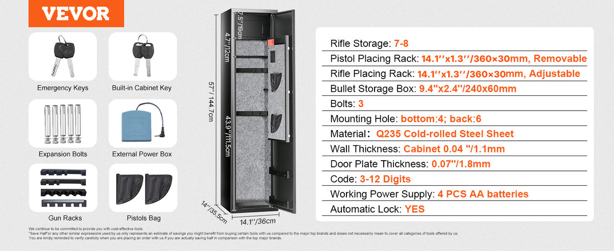 VEVOR 3-8 Rifles Gun Safe with Digital Keypad & Lock Gun Storage Cabinet with Removable Storage Shelf for Home Long Gun Pistols