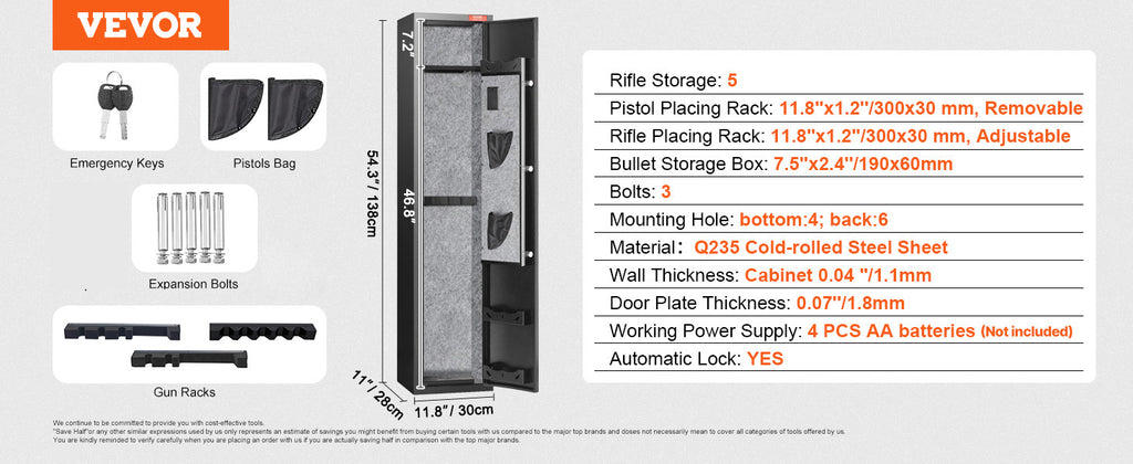 VEVOR 3-8 Rifles Gun Safe with Digital Keypad & Lock Gun Storage Cabinet with Removable Storage Shelf for Home Long Gun Pistols