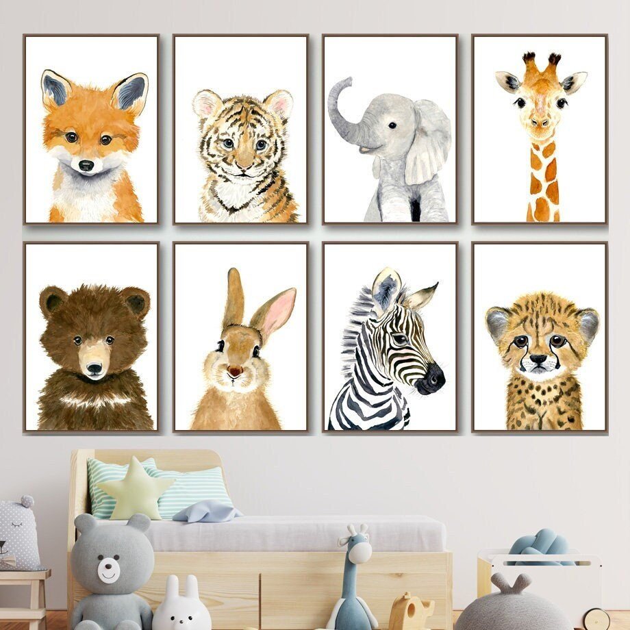 Poster Kinderzimmer Tiere Fuchs Elefant Bär Hase Zebra · Kinderzimmer Bilder · Wand Deko · Kunst Druck · Deko Print · ohne Rahmen